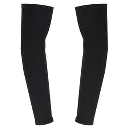 Black arm sleeves with a fitted design, featuring a logo on one side. Ideal for clothing accessories.