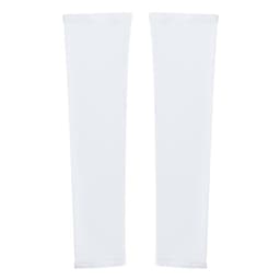 A pair of white arm sleeves made of stretchy material, featuring a logo.