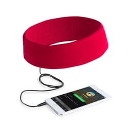 A red headphone headband connected to a smartphone via a black audio cable, with a logo visible on the headband.