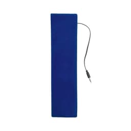 A blue headphone speaker with a black audio cable attached. It features a simple rectangular design.