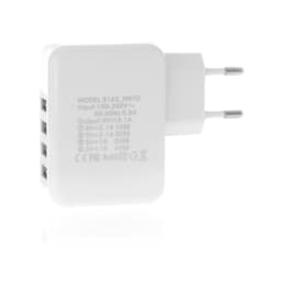 A white USB charger with multiple ports and a two-prong plug, featuring a branding logo on its surface.