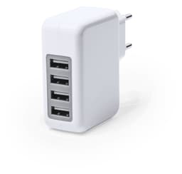 A white USB charger with four ports, featuring a compact design and an integrated plug.