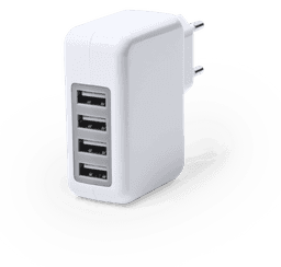 A white USB charger with four ports, featuring a compact design and a plug for wall mounting.
