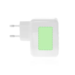 A white USB charger with two prongs, featuring a rectangular area for branding or identification.