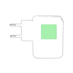 A white USB charger with Australian plugs, featuring a green square area and a branding logo.