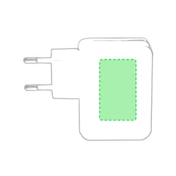 A USB charger in white with a green accent, featuring two prongs for wall socket connection.