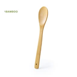 A bamboo spoon with a smooth finish and a rounded handle, featuring a small hole at the end for hanging.