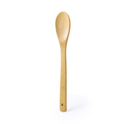 A wooden spoon with a long handle, made from light bamboo, featuring a round bowl and a small hole in the handle.