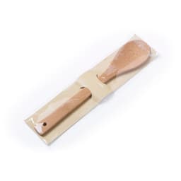 A wooden spoon with a rounded head and long handle, packaged in clear plastic with a neutral background.