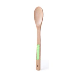 A wooden spoon with a green accent on the handle. The spoon is sleek and has a natural finish.