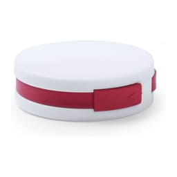 A round white USB drive with a red band, featuring a central fastening. It includes a branding logo.