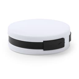 A round white USB drive with a black strap, featuring a simple design and a small logo on the side.