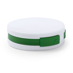 A white circular USB drive with a green band. It features a smooth, modern design and has a subtle logo.