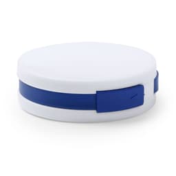 A round USB drive in white with a blue band. The product features a logo on the surface.