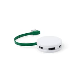 A white USB hub with a green cable, featuring multiple USB ports and a compact, circular design.
