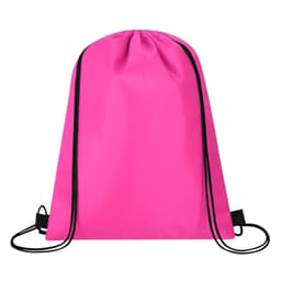 A pink cooler bag with black drawstring straps and a simple design. It features a logo on the surface.