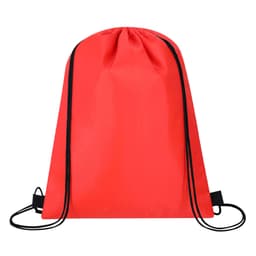 A red cooler bag with black drawstring straps. The bag has a simple, smooth design and features a logo.