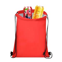 A red cooler bag containing two drink cans, one pink and one yellow, with a silver insulated interior and drawstring closure.