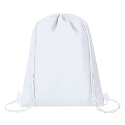 A white drawstring cooler bag with a simple design and contrasting white cords. Features a logo on the front.