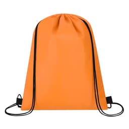 An orange cooler bag with a drawstring closure and black straps, featuring a small logo.