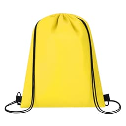 A bright yellow cooler bag with black drawstrings and a simple design. It features a logo on the front.