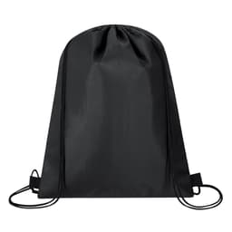 A black cooler bag with drawstring closure and side pockets, featuring a logo on the front.