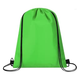 A green cooler bag with a drawstring closure and black detailing. It features a branding logo.