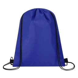 A blue cooler bag with drawstring closure and black accents, featuring a logo on the front.
