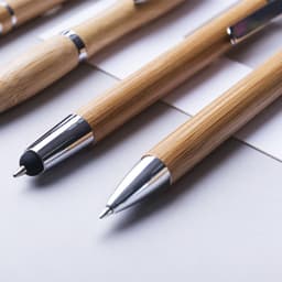 A set of wooden pens in natural bamboo with silver accents, displayed on a white surface.