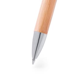 A wooden pen with a bamboo body and silver metal tip. It features a logo on its surface.