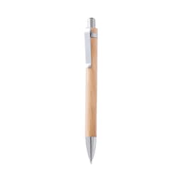 A wooden pen with a natural bamboo finish and silver accents, featuring a clip for easy attachment.