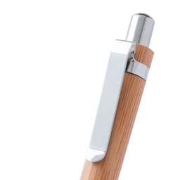 A wooden pen with a natural finish and a shiny silver clip, featuring a simple branding logo.