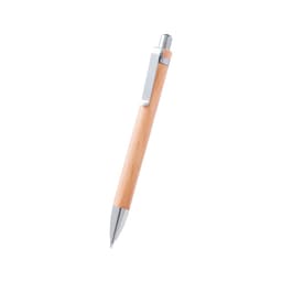 A wooden pen with a natural finish and silver accents, featuring a clip and a ballpoint tip.