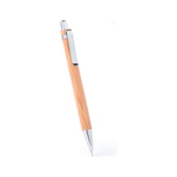 A bamboo pen with a shiny silver clip and tip, featuring a simple logo.