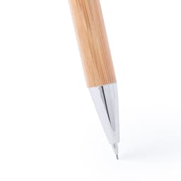 A bamboo pen with a shiny silver tip, featuring a sleek design and natural wood texture.