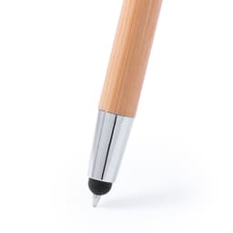 A sleek pen with a wooden barrel and chrome tip, featuring a black rubber stylus at the end.