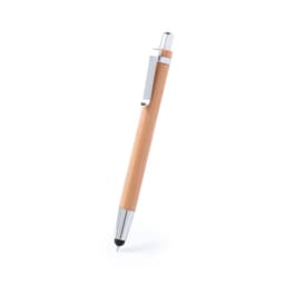 A bamboo pen with a silver clip and tip, featuring a sleek design and a logo on its body.