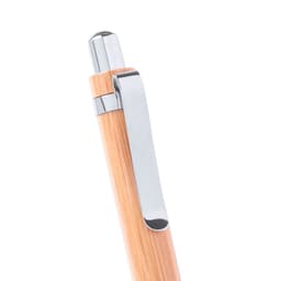 A bamboo pen with a chrome clip, showcasing a natural wooden finish and sleek design.