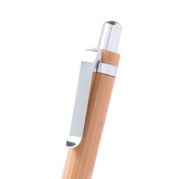 A pen with a bamboo barrel and chrome accents, featuring a clip for secure attachment and a sleek design.
