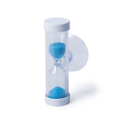 A novelty hourglass with blue sand, featuring a clear body and white caps, designed for fun and games.