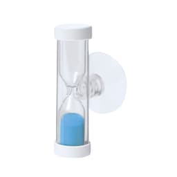 A clear hourglass with a white frame and blue sand, mounted on a wall.