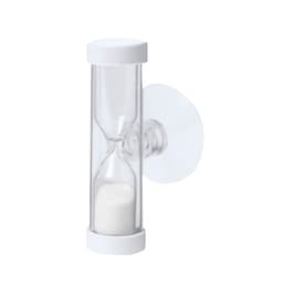 A clear hourglass with white ends and sand, mounted on a suction cup for display.