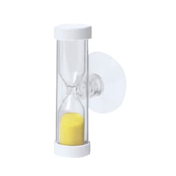 A clear hourglass with white ends and a yellow sand core, mounted on a wall. Suitable as a novelty item.