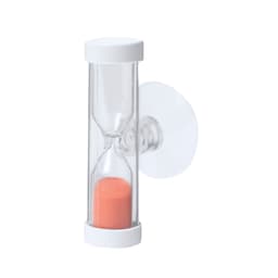 A transparent hourglass with a white base and orange sand, designed for wall mounting.