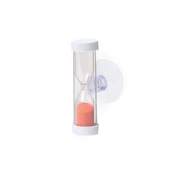 A transparent hourglass timer with a pink sand bulb, mounted on a suction cup. It has white end caps.