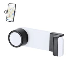 A black and white car phone holder with an attached phone displaying a map. It includes a branding logo.