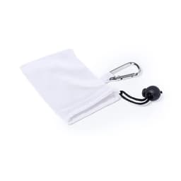 A white towel with a carabiner and cord, ideal for leisure and outdoor activities.