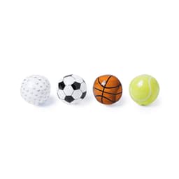 A set of four decorative balls representing golf, soccer, basketball, and tennis, each with distinct patterns and colours.