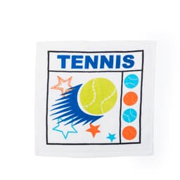 A white towel featuring a colourful tennis ball design, with stars and additional tennis ball graphics. It has a logo.