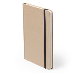 A kraft notebook with a black elastic band, featuring a plain cover and white pages inside.